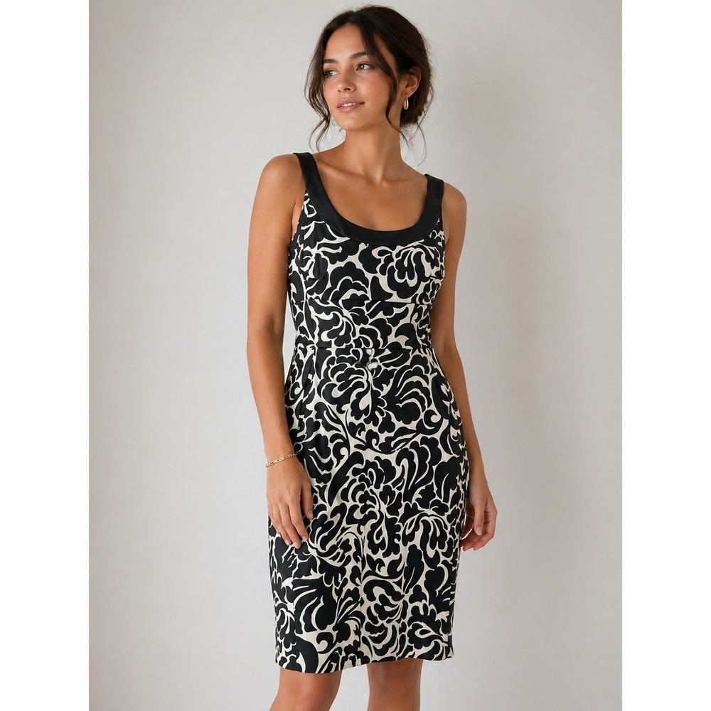 Vintage 90s Donna Ricco Sheath Dress‎ Womens 6 Black White Floral Satin Cocktail